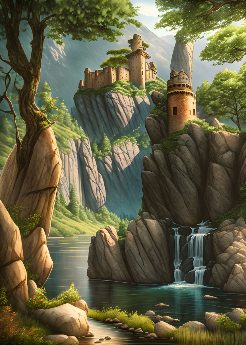 Majestic castle on cliff in serene fantasy landscape