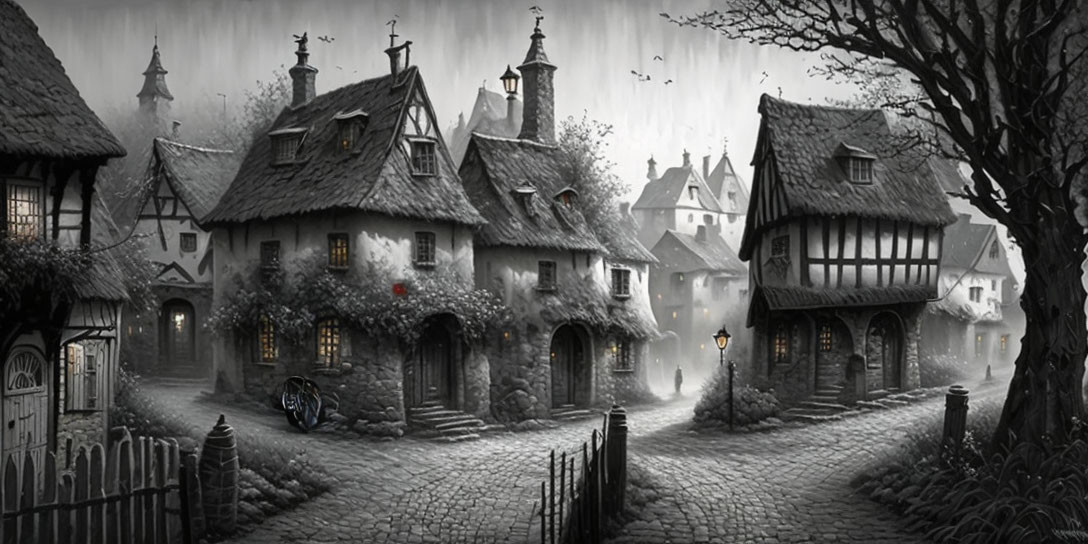 Monochrome village scene with cobblestone streets and misty atmosphere