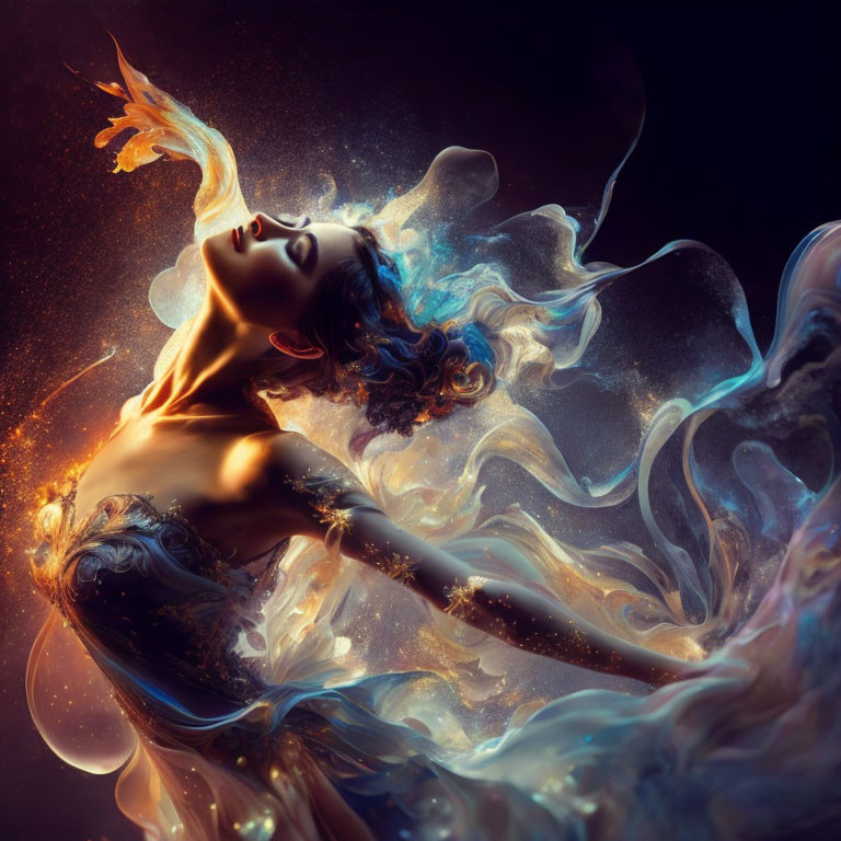 Ethereal woman in celestial setting with cosmic swirls