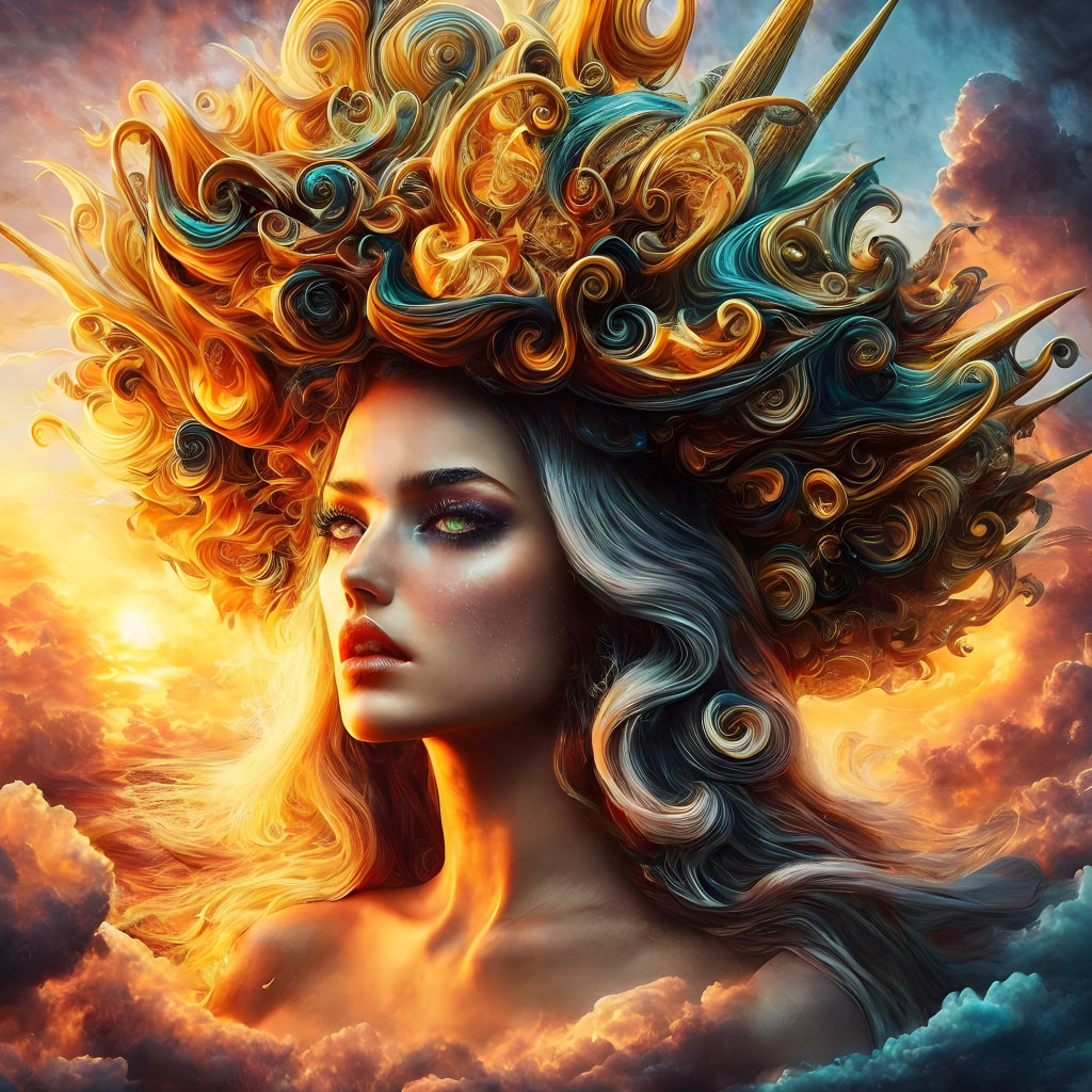 Voluminous ornate hairstyle against dramatic sunset sky