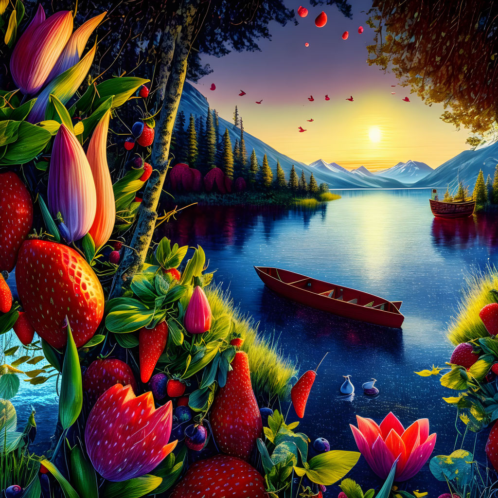 Scenic lakeside sunset with strawberries, flowers, canoe, and mountains