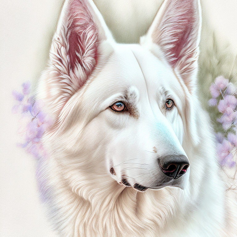 White Dog with Pointed Ears and Multicolored Eyes Among Soft Purple Flowers