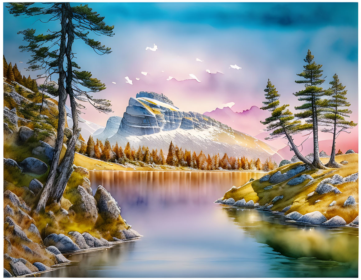 Serene landscape: lake, pine trees, boulders, snow-capped mountain, pastel