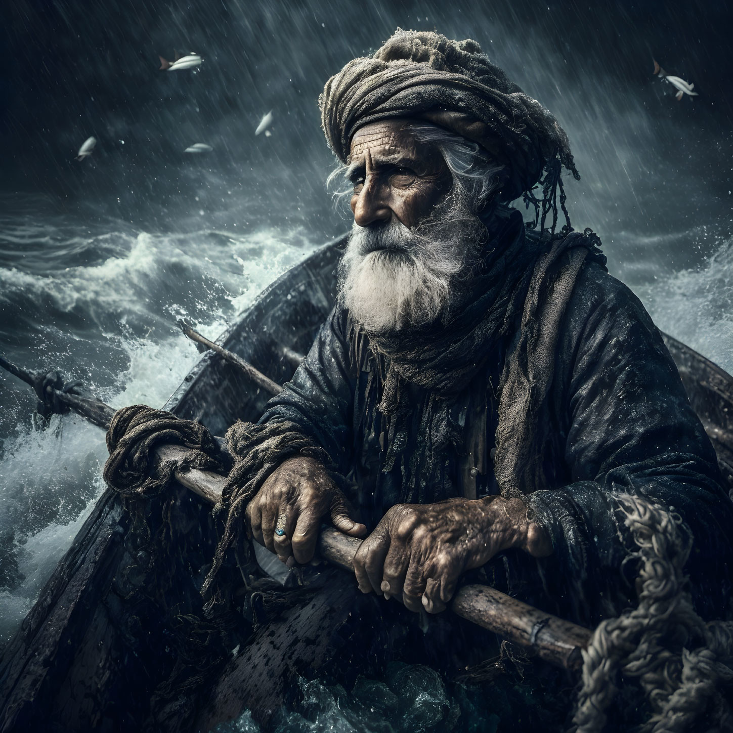 Elderly bearded fisherman in turban navigating stormy sea with flying fish