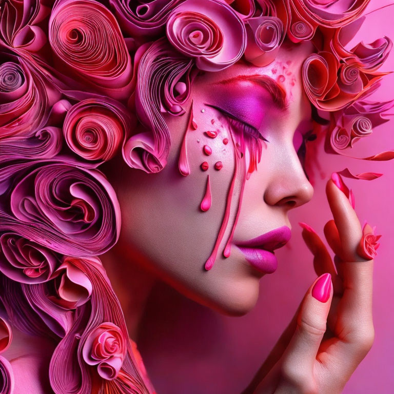 Woman with pink makeup and paper roses in hair shedding tear-like drop