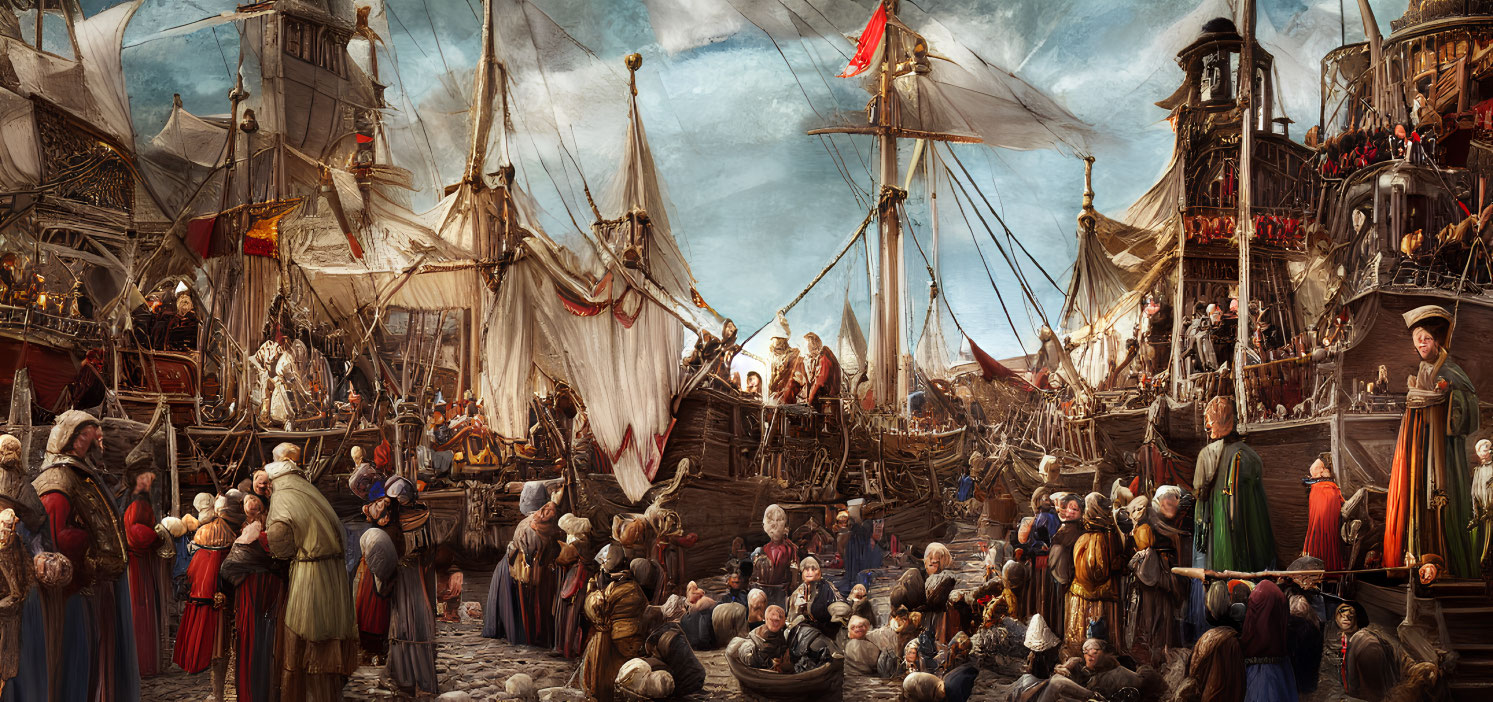 Historical harbor scene with ornate ships, period attire crowds, and vibrant sky