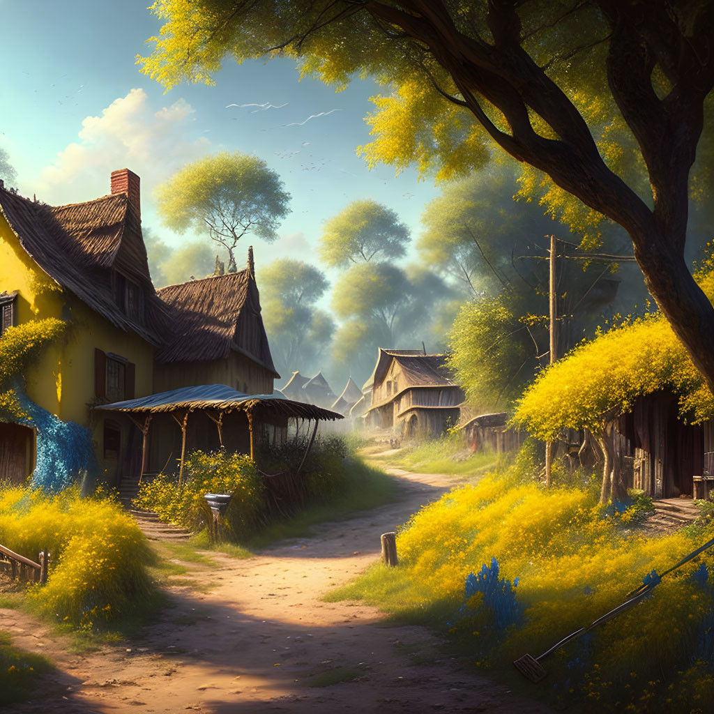 Tranquil village scene with yellow houses and flowering trees