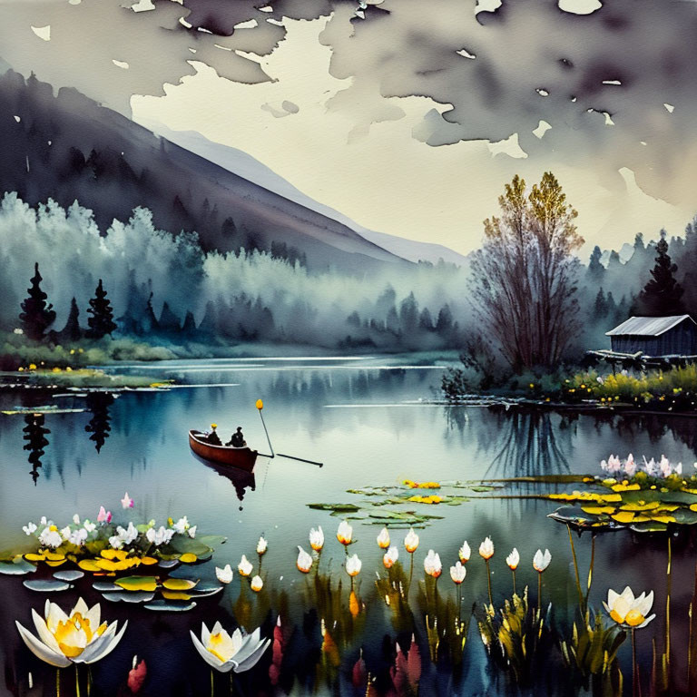 Tranquil lake scene with rower, water lilies, cabin, misty forests