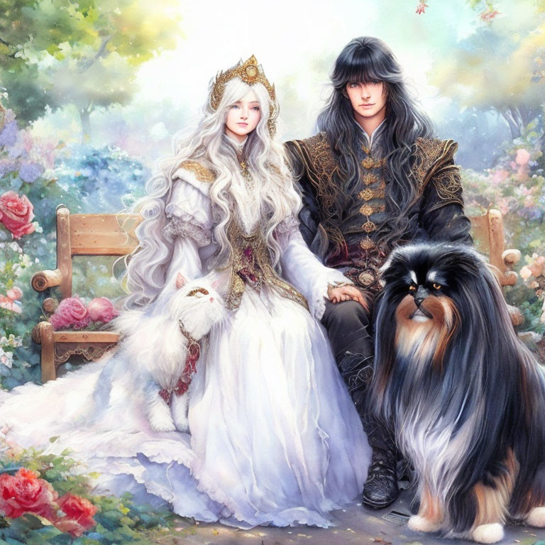 Regal couple in medieval attire with white cat and black dog in lush garden