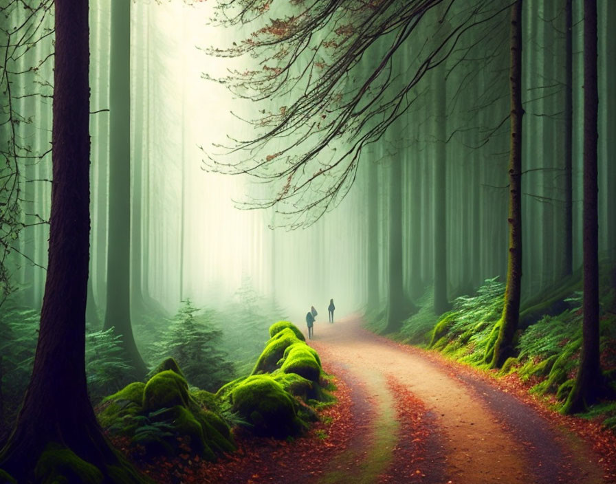 Tranquil forest path with misty ambiance and distant figures