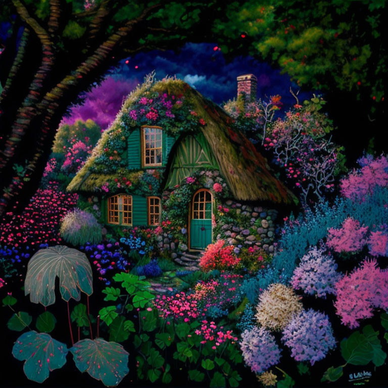 Thatched-Roof Cottage with Colorful Garden at Night