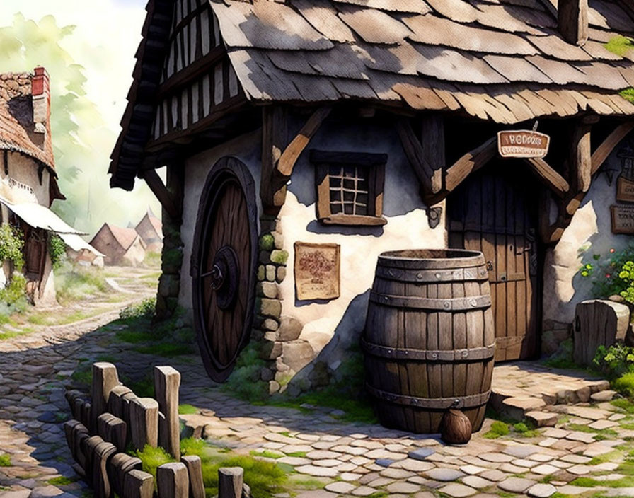 Medieval cottage with thatched roof, water wheel, and barrel in serene village.