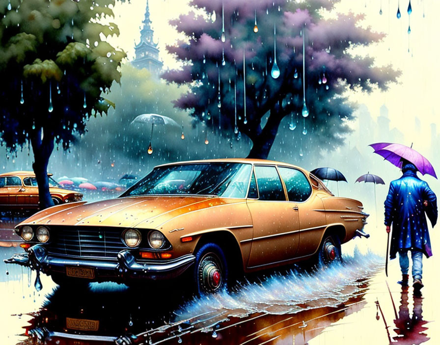 Illustration of person with umbrella walking by vintage cars on rainy city street