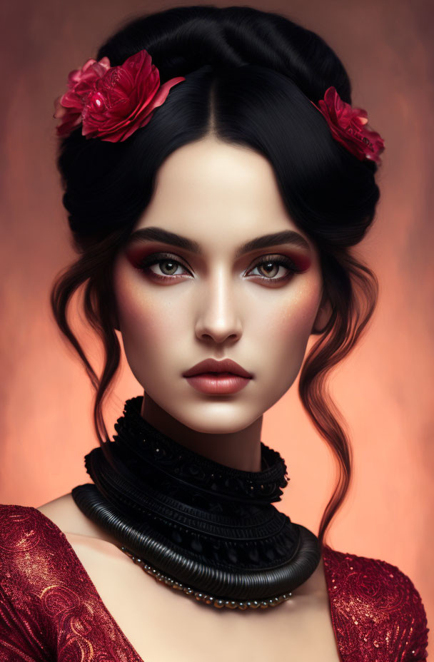 Woman with Dark Hair in Updo, Red Flowers, Black Choker, Red Outfit on Orange