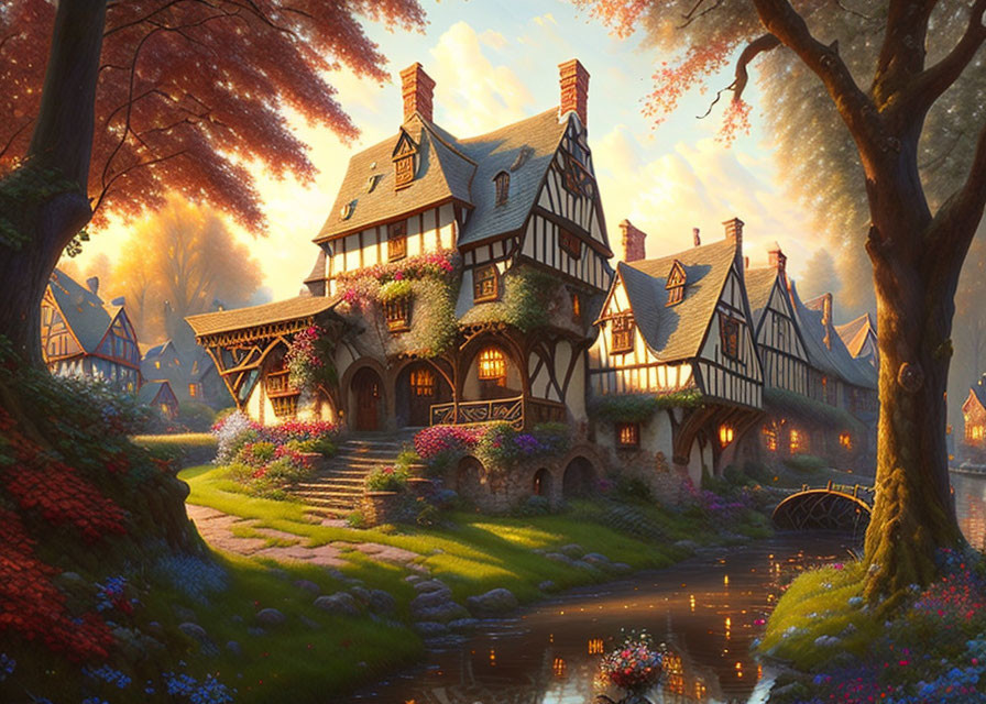 Half-timbered cottage in fairy-tale village at sunset