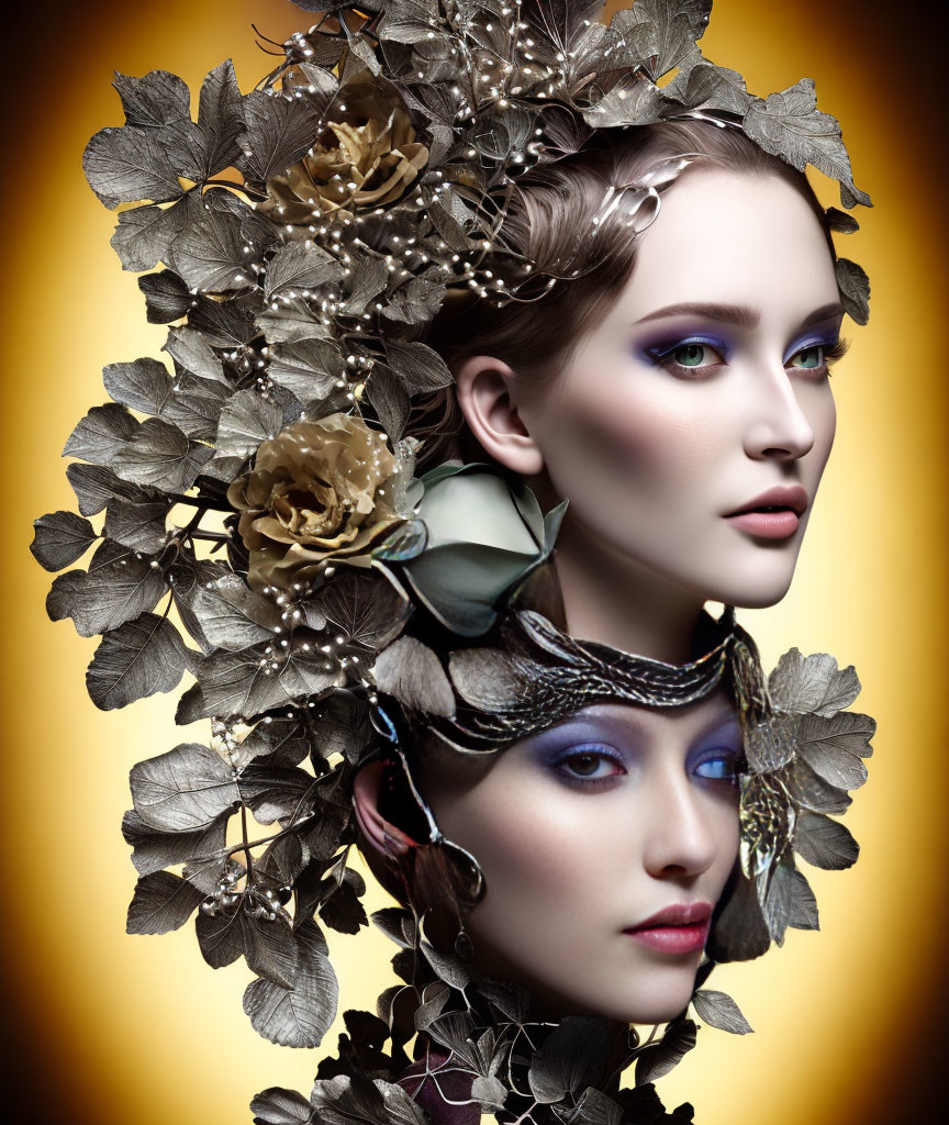 Artistic makeup and silver leaf headpieces on two women against yellow background