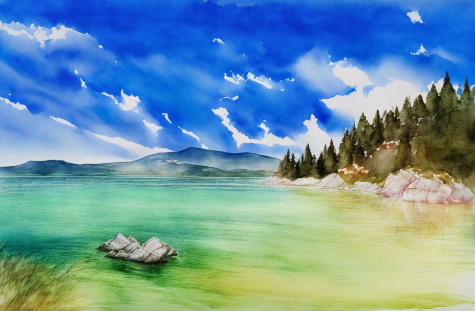 Tranquil watercolor landscape of turquoise lake, pine trees, mountains, and blue sky