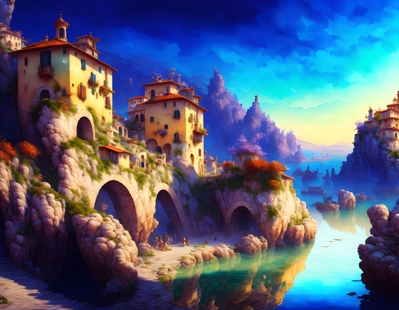 Fantasy Coastal Cliffside Houses and Arch Bridges Landscape