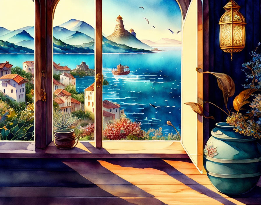 Coastal Village Watercolor: French Windows, Sea View, Boats