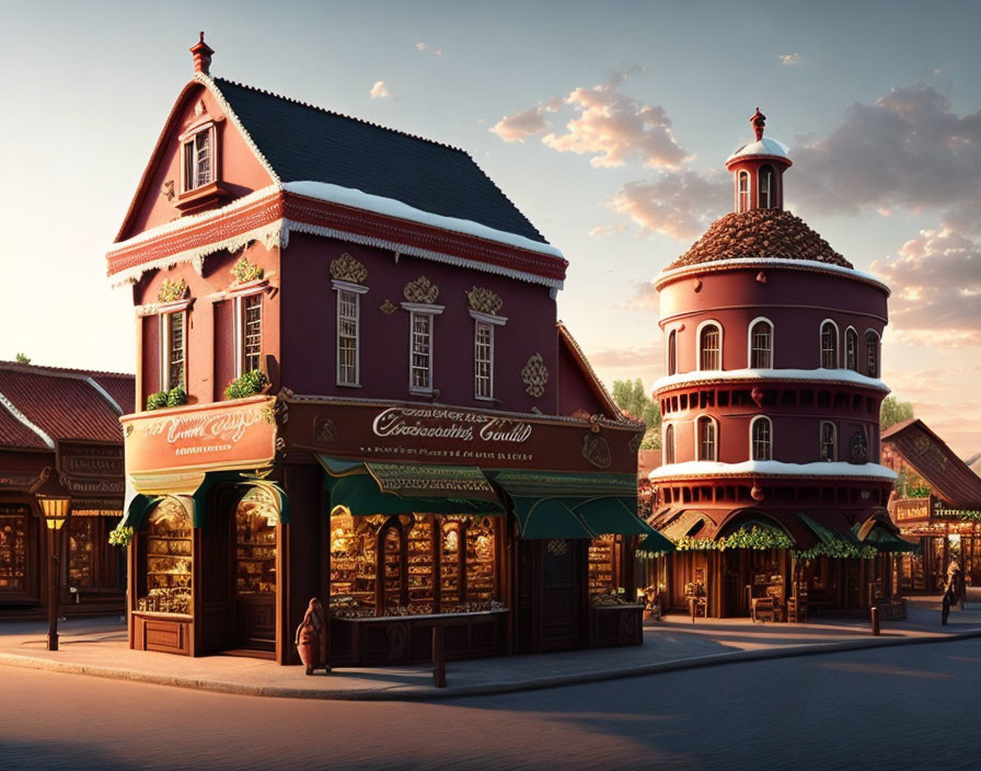 European-style Street Corner with Festive Buildings and Chocolate Shop at Sunset