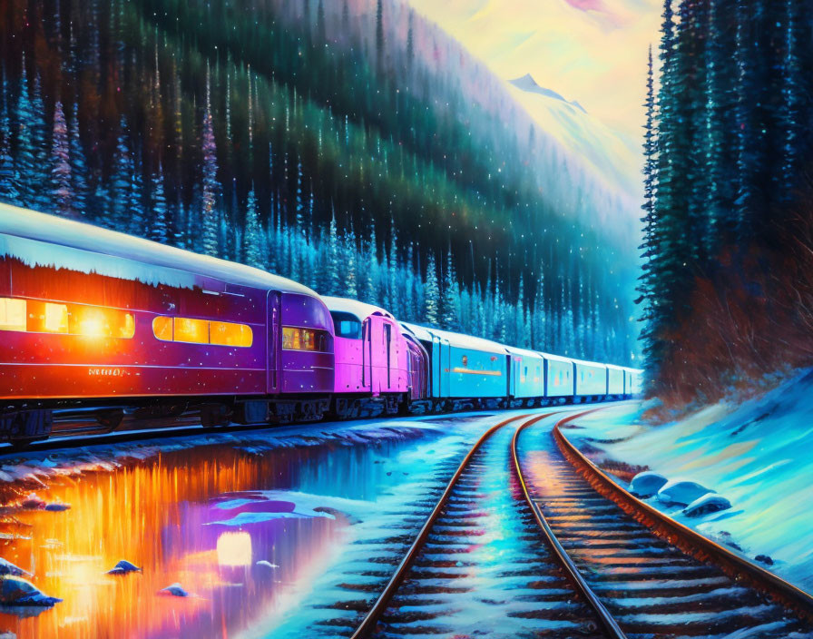 Colorful Passenger Train in Snowy Landscape with Northern Lights