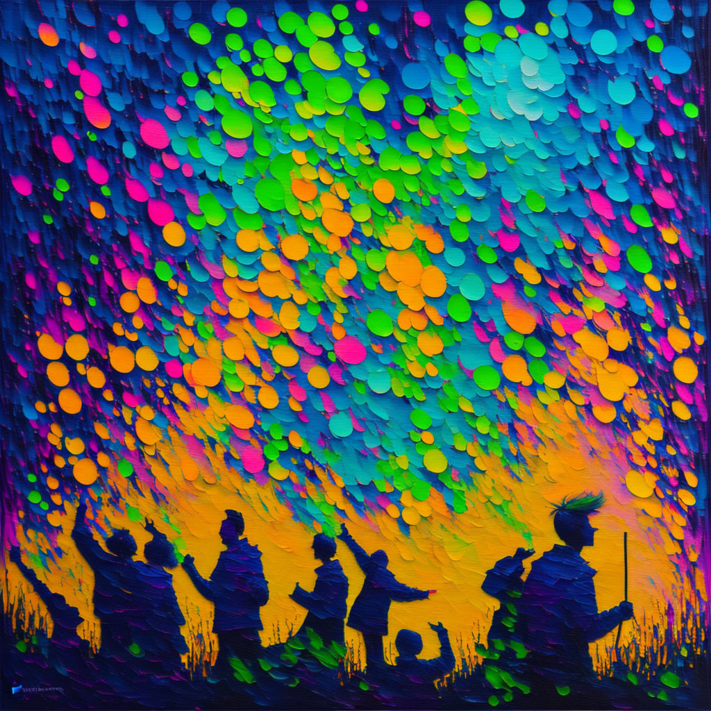 Colorful family silhouette painting under bright sky filled with multicolored dots