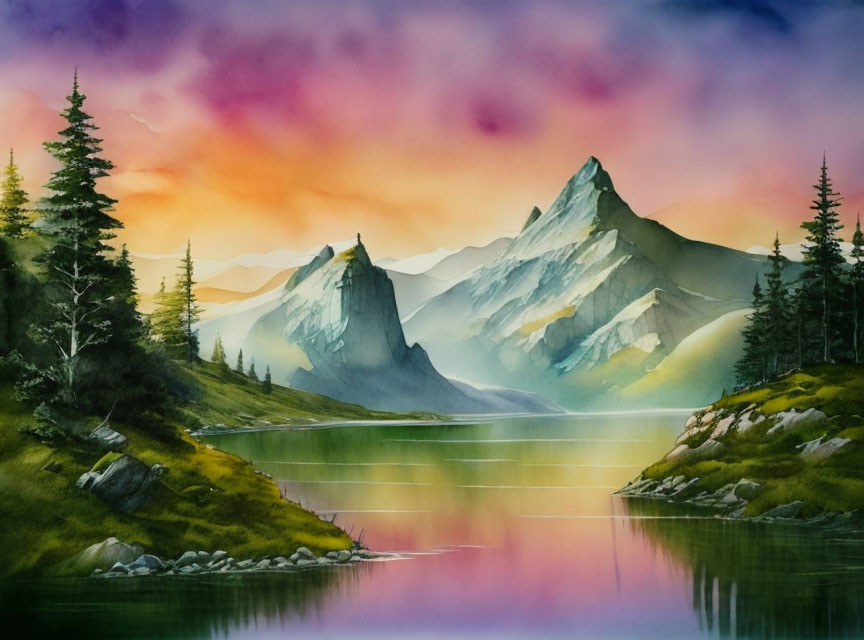 Serene watercolor landscape: vibrant sunset hues, reflective lake, towering mountains, lush greenery