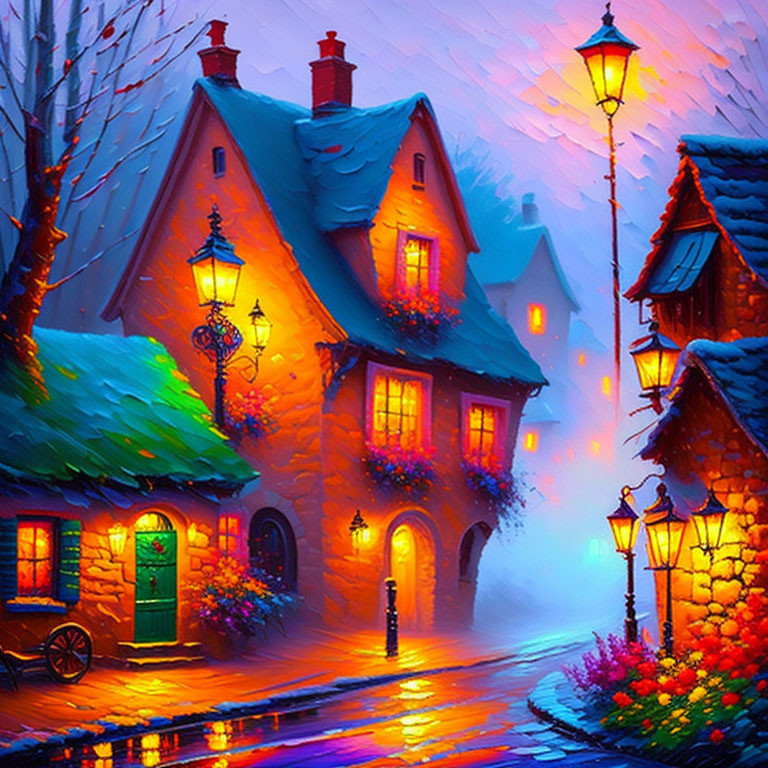 Colorful painting of cozy cottages in snow at dusk