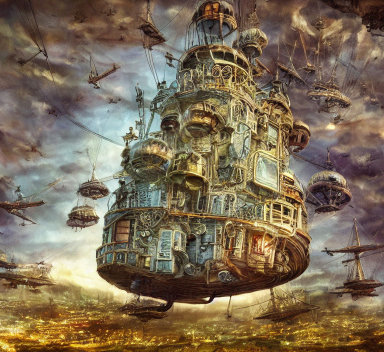 Steampunk city floating in the sky with airships and cloudy skies