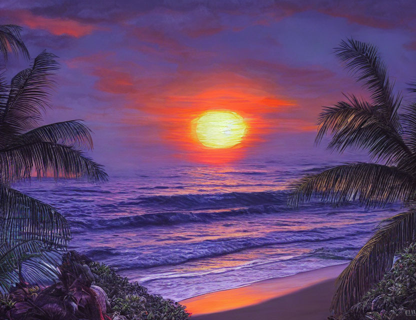 Scenic beach sunset with glowing sun, palm trees, and crashing waves