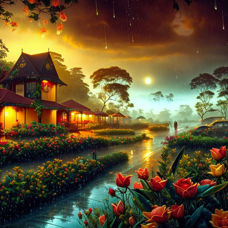 Traditional house illuminated in rain-soaked garden with tulips under twilight sky