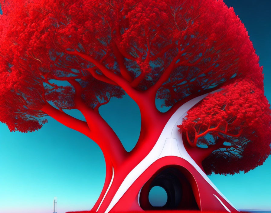 Vivid red tree with abstract red and white tunnel against blue sky