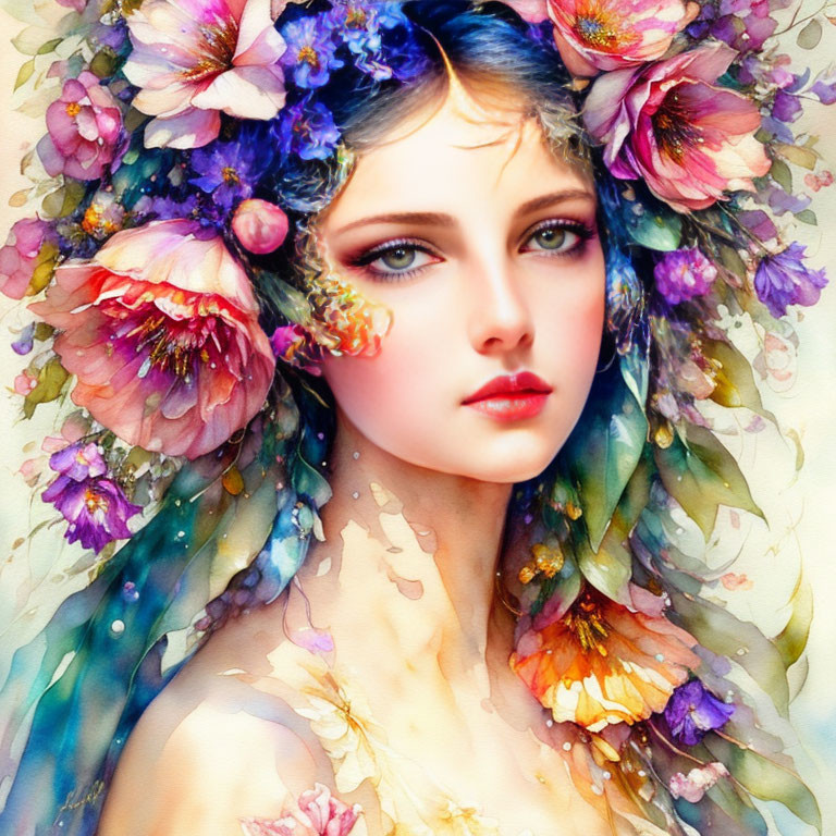 Woman with Floral Adornments in Hair Blends Seamlessly with Watercolor Flowers