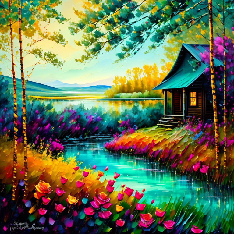 Colorful painting of quaint cabin, serene lake, vibrant flowers, lush trees, dazzling sunset sky