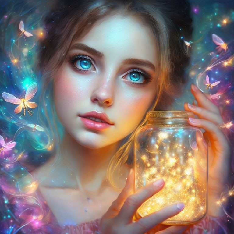 Girl with Bright Blue Eyes Holding Sparkling Lights and Glowing Butterflies