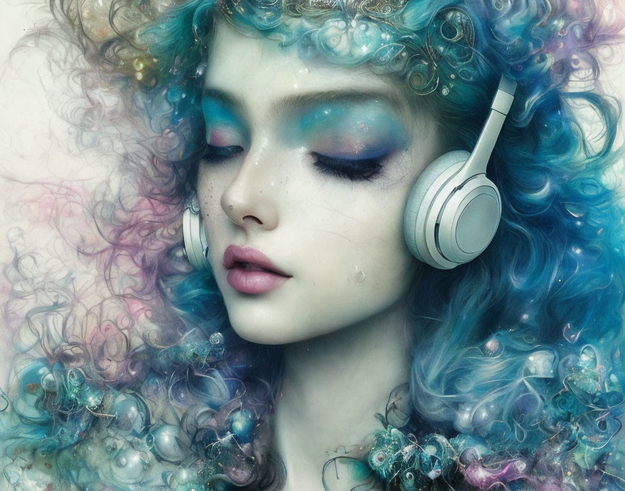 Vibrant blue curly hair female figure with white headphones in mist of iridescent hues