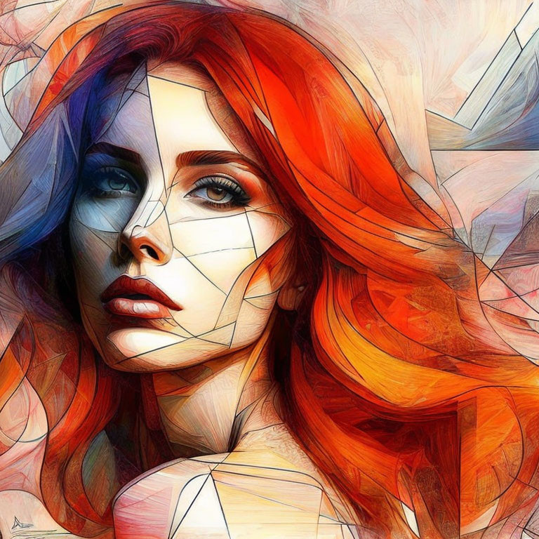 Colorful digital portrait: Woman with blue eyes and red hair in abstract mosaic.