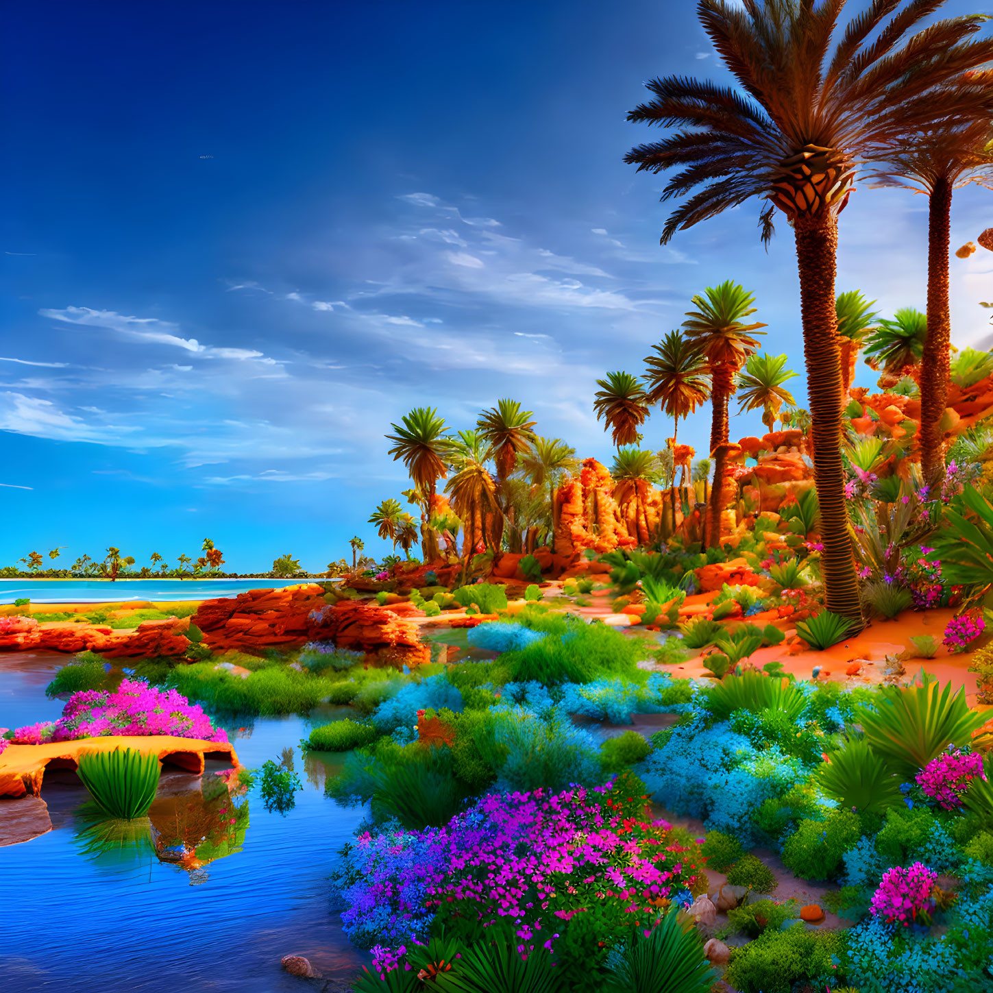 Vibrant oasis with flowers, palm trees, and red rocks under blue sky