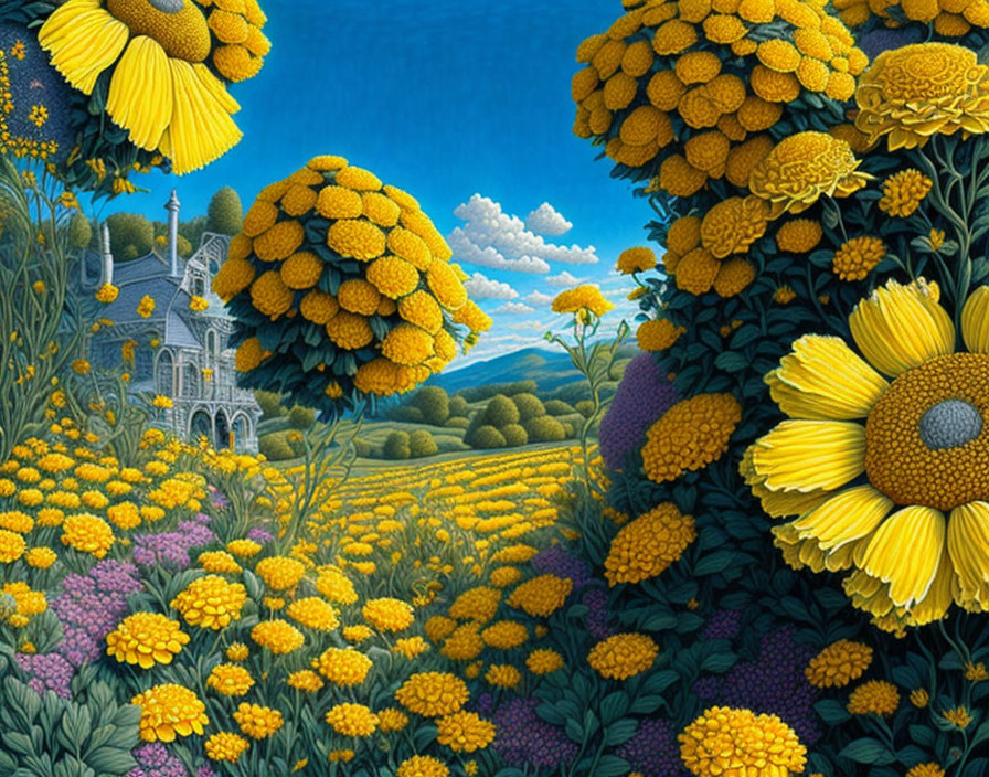 Lush Landscape Painting with Yellow Flowers and Gothic House