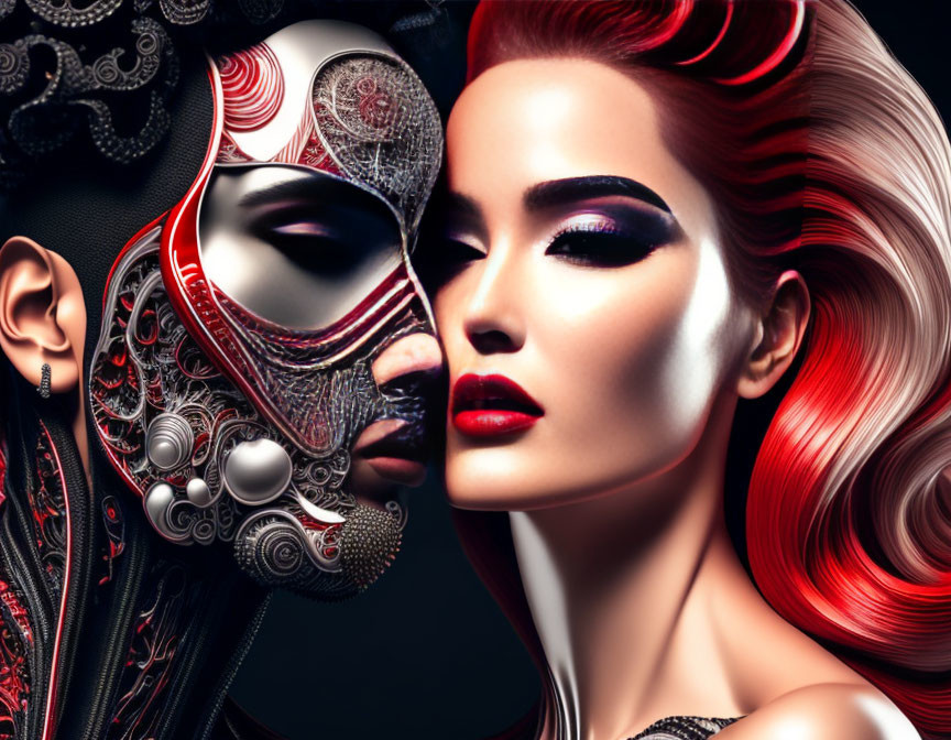 Digital artwork featuring woman with striking makeup and figure with intricate mechanical mask on dark background