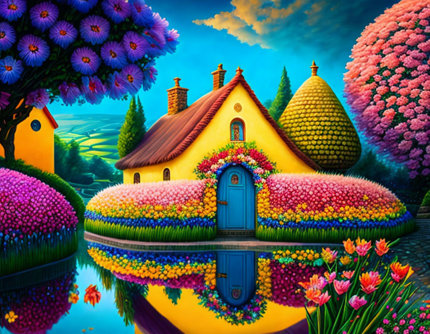 Colorful Cottage Painting in Fantastical Garden at Twilight