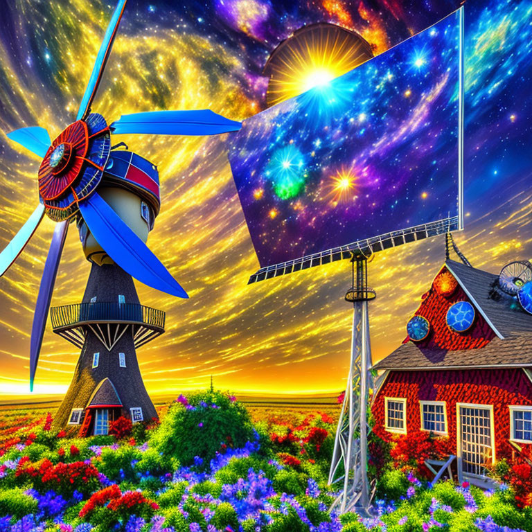 Colorful surreal landscape with windmills, flower field, cosmic sky