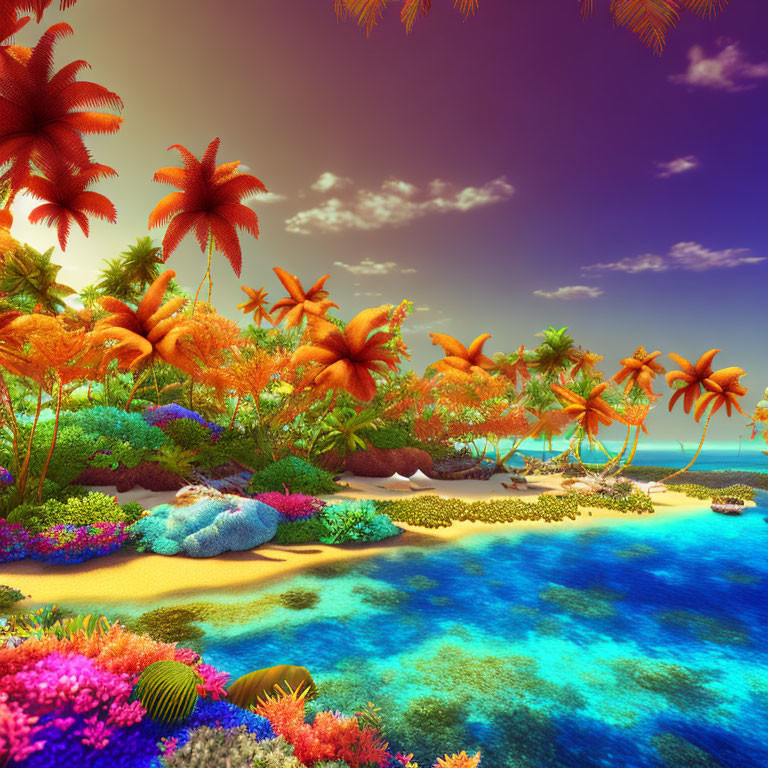 Colorful Tropical Beach Scene: Flora, Blue Waters, Purple Sky