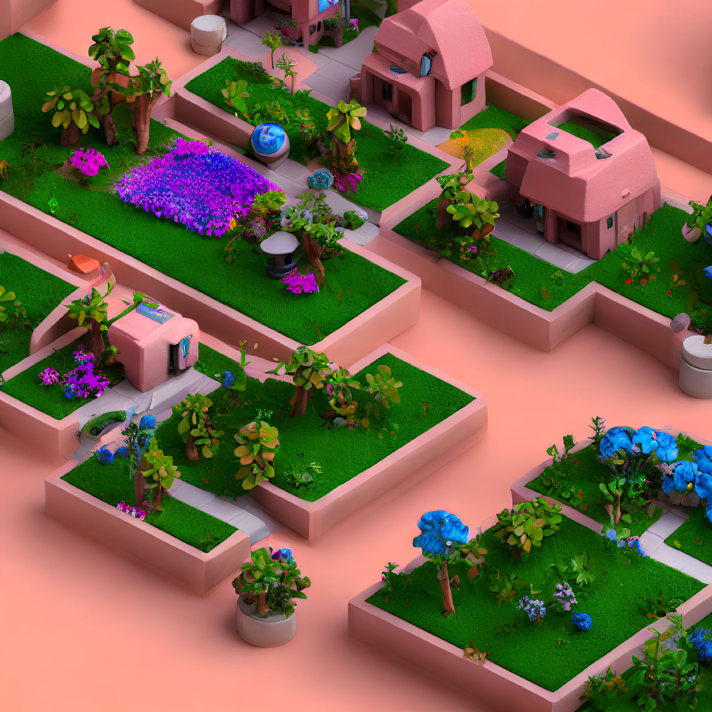 Miniature neighborhood with pink houses and green gardens on salmon background