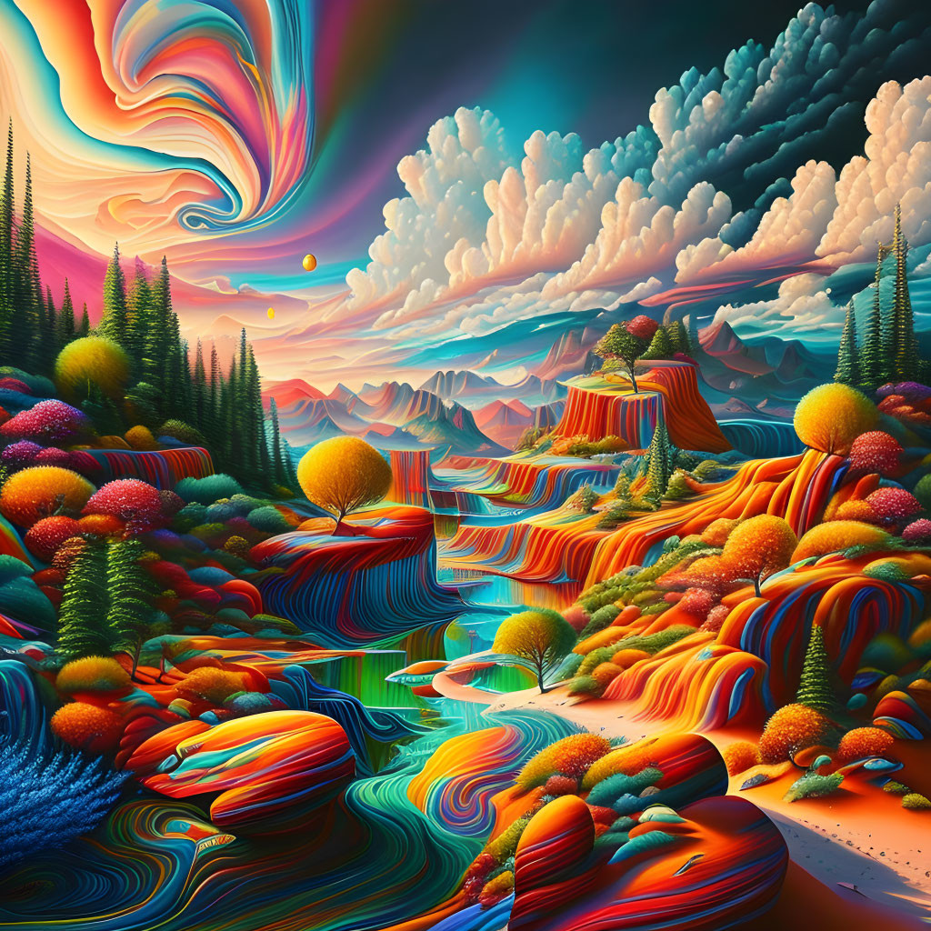 Colorful surreal landscape with swirling patterns and whimsical clouds