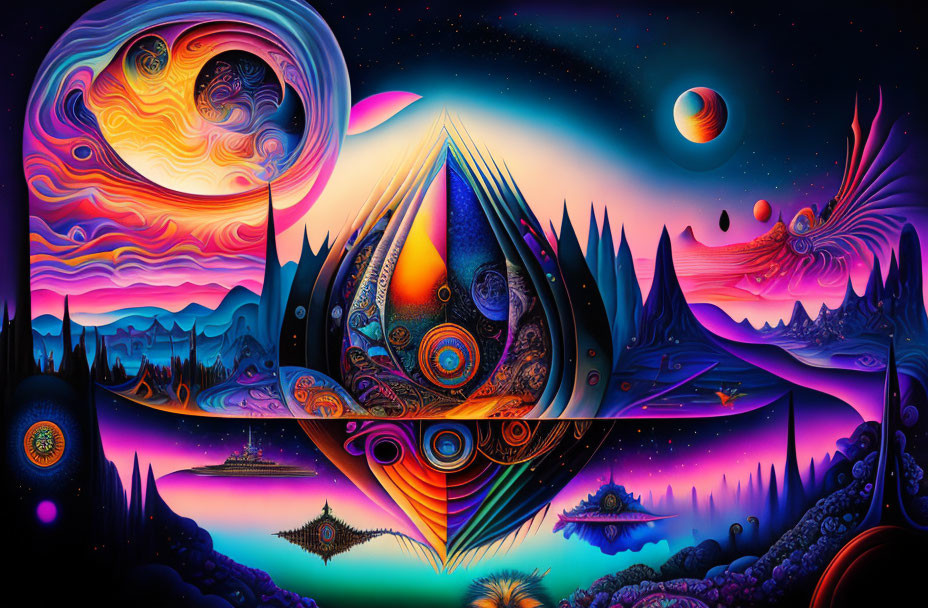 Colorful psychedelic landscape with eye-like structure and swirling skies