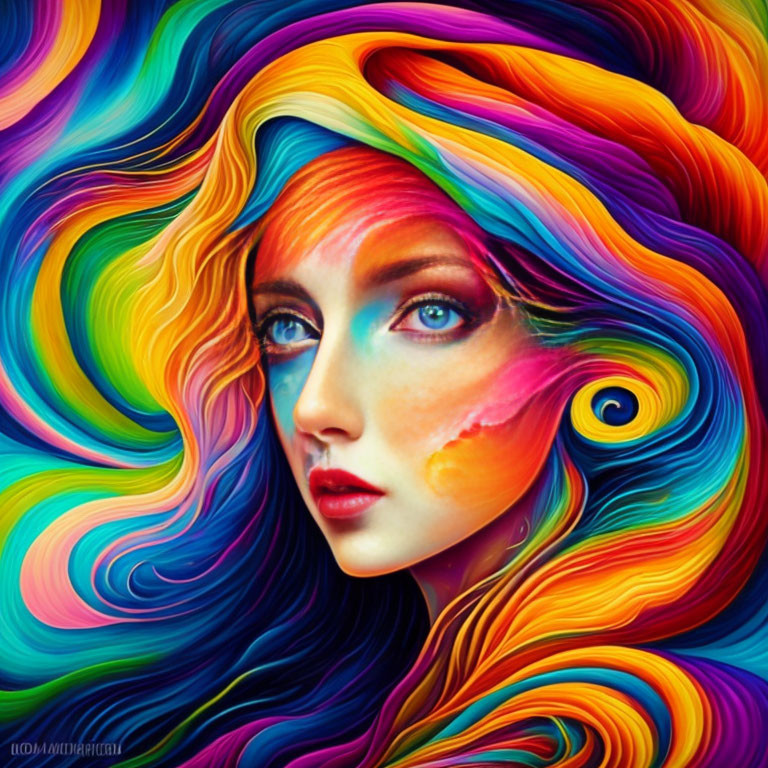 Colorful surreal portrait of a woman with swirling hair and vivid blue eye.