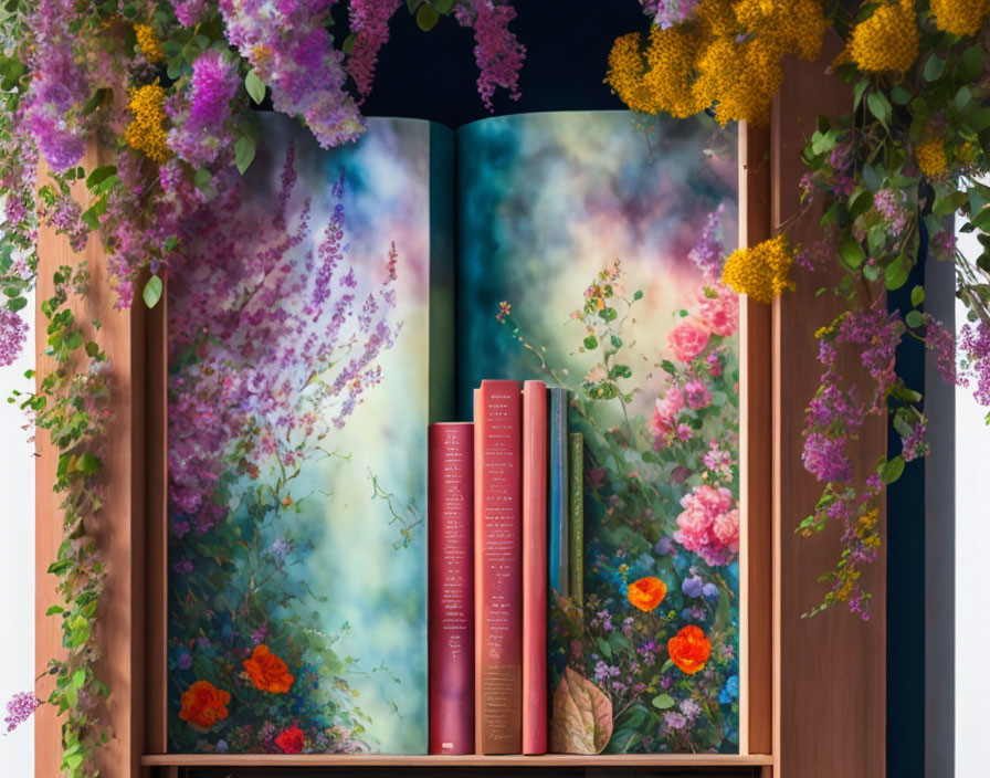 Floral bookshelf with blooming flowers and red books