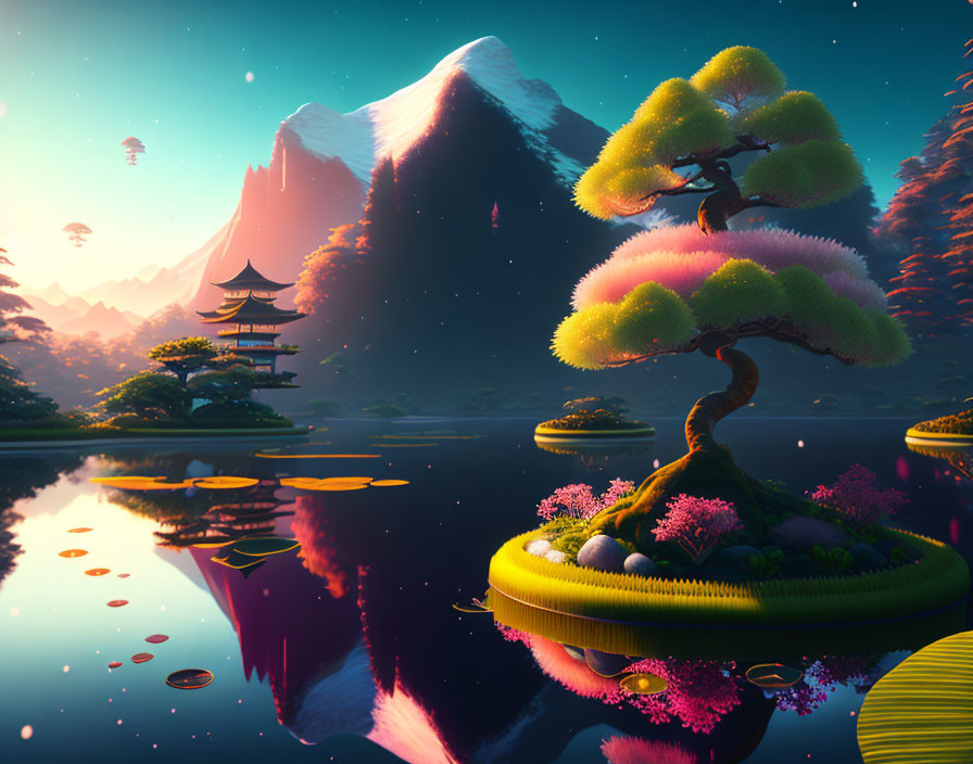 Serene fantasy landscape with floating islands, vibrant trees, traditional architecture, and reflective mountains at sunrise/s