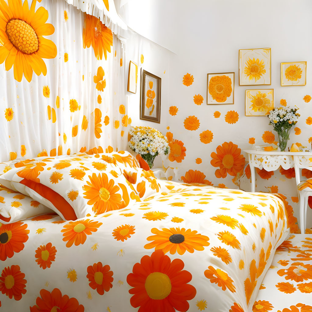 Sunflower-themed Room with Matching Decor and Fresh Flowers